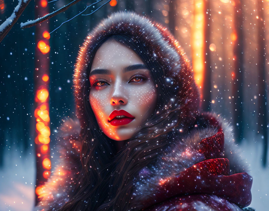 Woman in fur hood amidst magical winter scene with falling snowflakes.