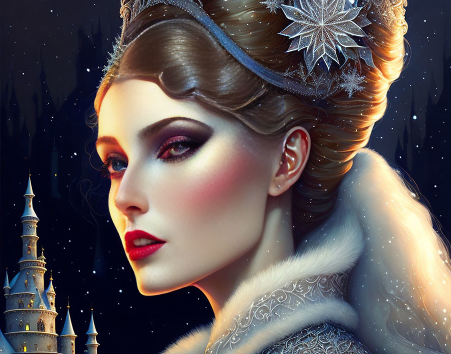 Digital portrait of woman with fairytale features, styled hair, red lipstick, fur cloak, castle