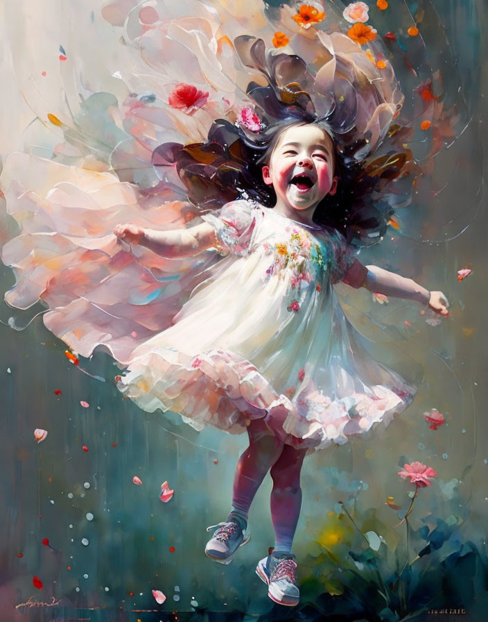 Young girl in joyful motion among colorful flowers