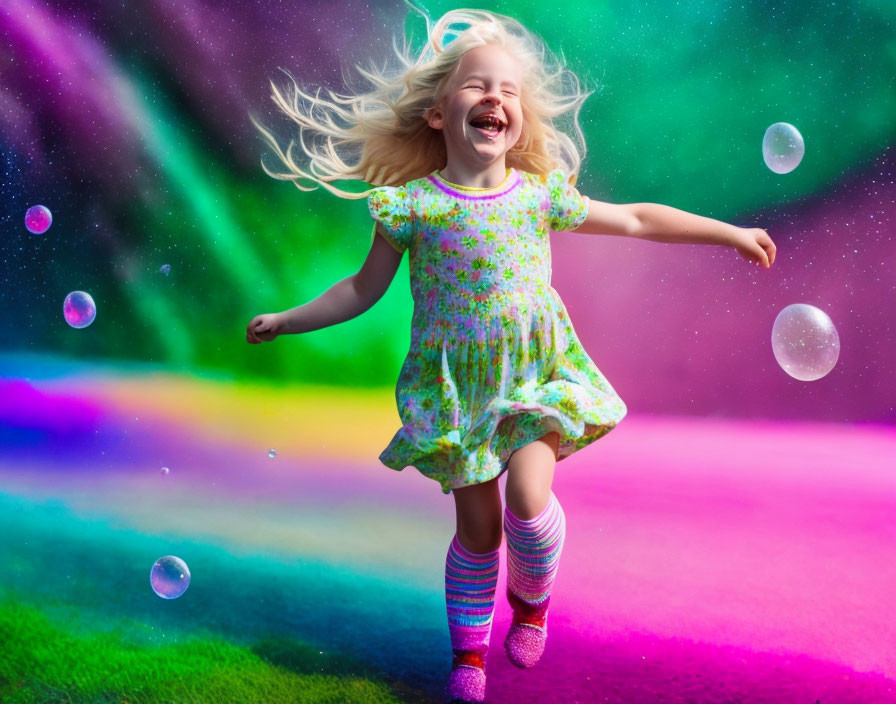 Blonde girl running amidst bubbles on colorful backdrop