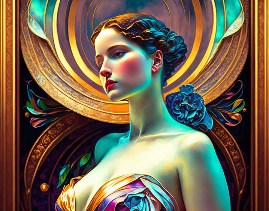 Colorful Stylized Portrait of Woman with Halo Effect and Intricate Hair Braid