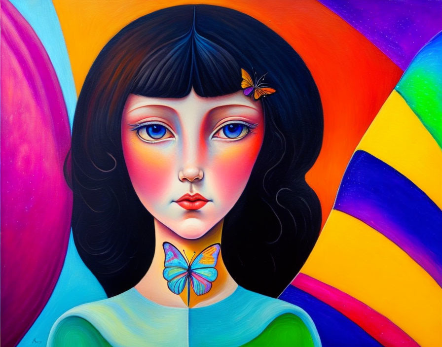 Vibrant painting of stylized girl with bob haircut and butterfly, rainbow background