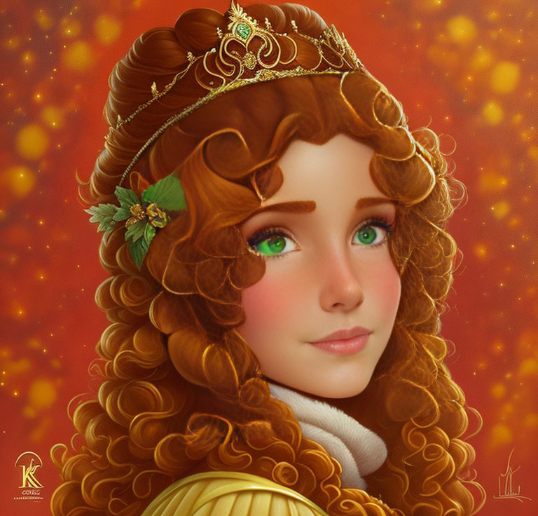 Young woman with auburn hair and gold crown in digital portrait