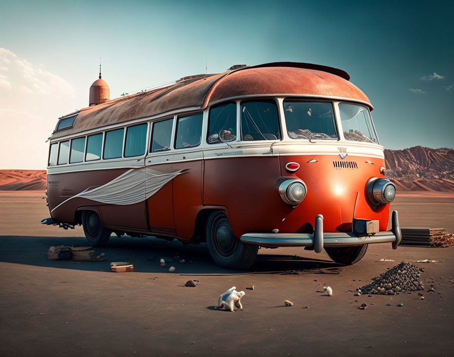 Vintage orange bus in sandy landscape with animals