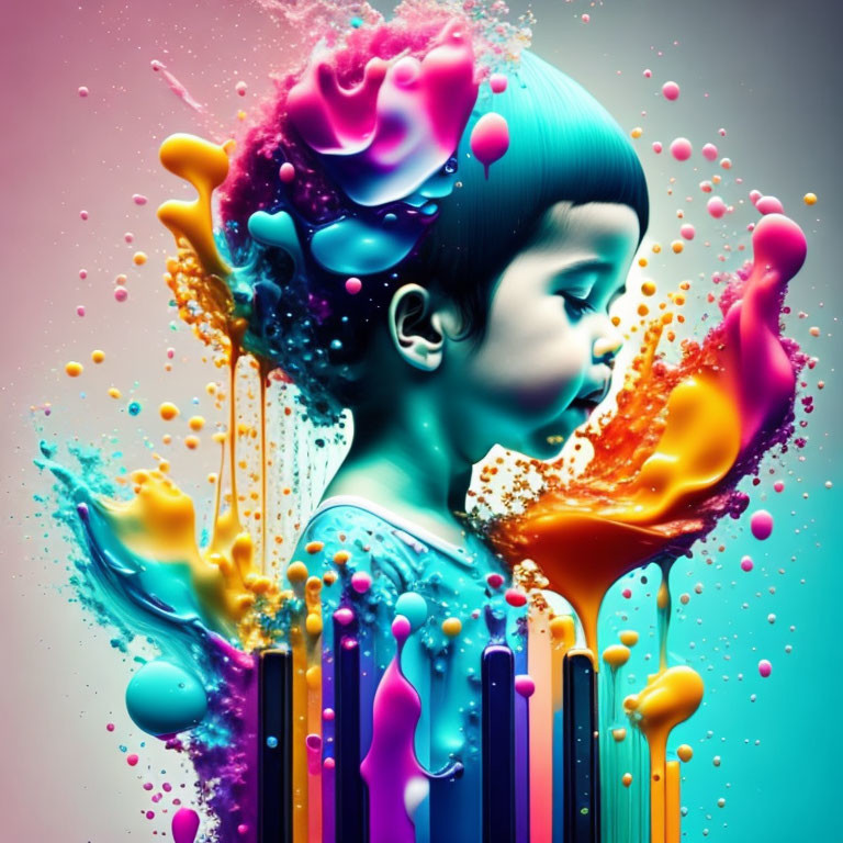 Colorful liquid splashes merge with child's profile in surreal image