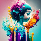 Colorful liquid splashes merge with child's profile in surreal image