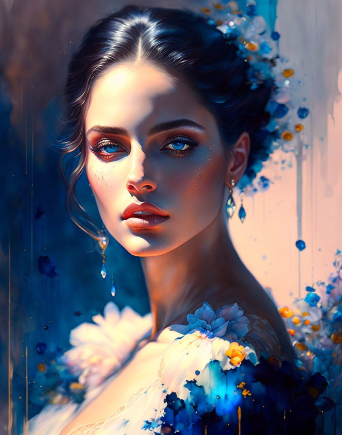 Vivid surreal portrait of a woman with intense blue eyes and floral elements on blue backdrop