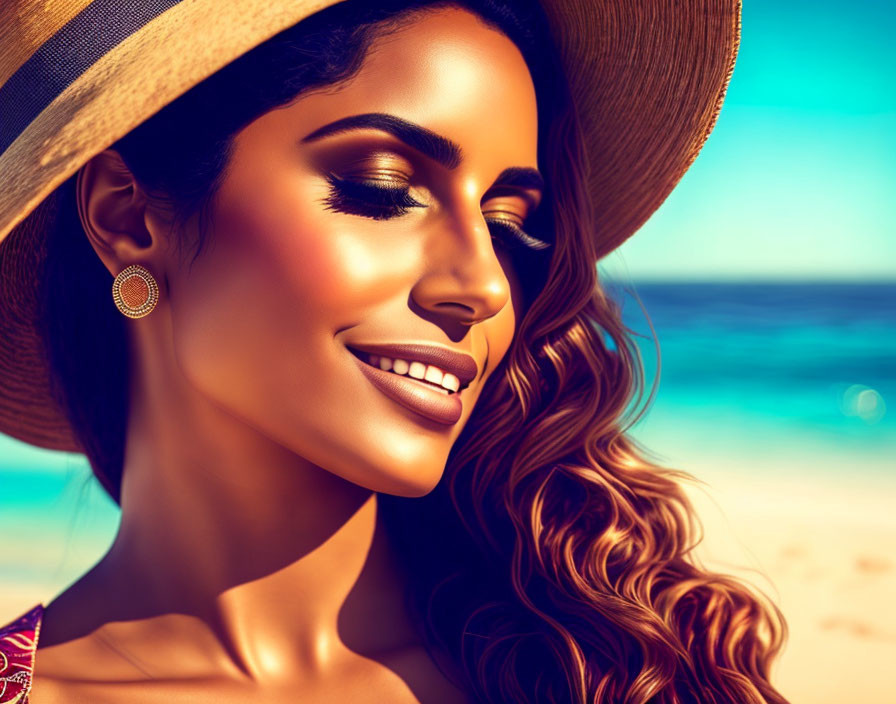 Smiling woman in sunhat at beach with round earrings and makeup