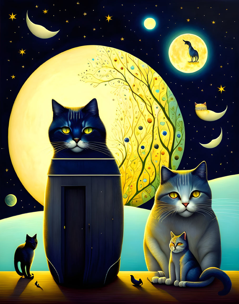 Illustration of cats under starry sky with moon, big cat on birdhouse, others by tree