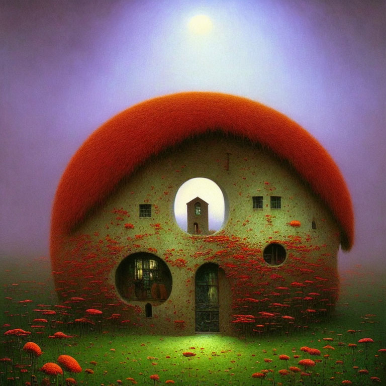 Unique Mushroom-Shaped House in Misty Twilight Landscape