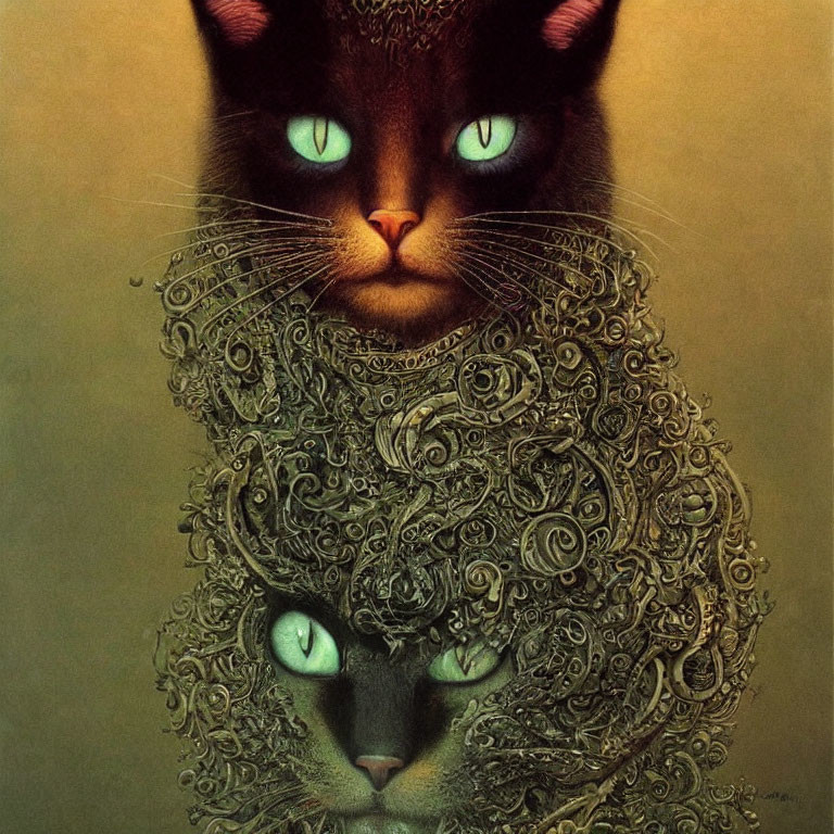 Two cats with vibrant green eyes and intricate fur patterns on sepia background