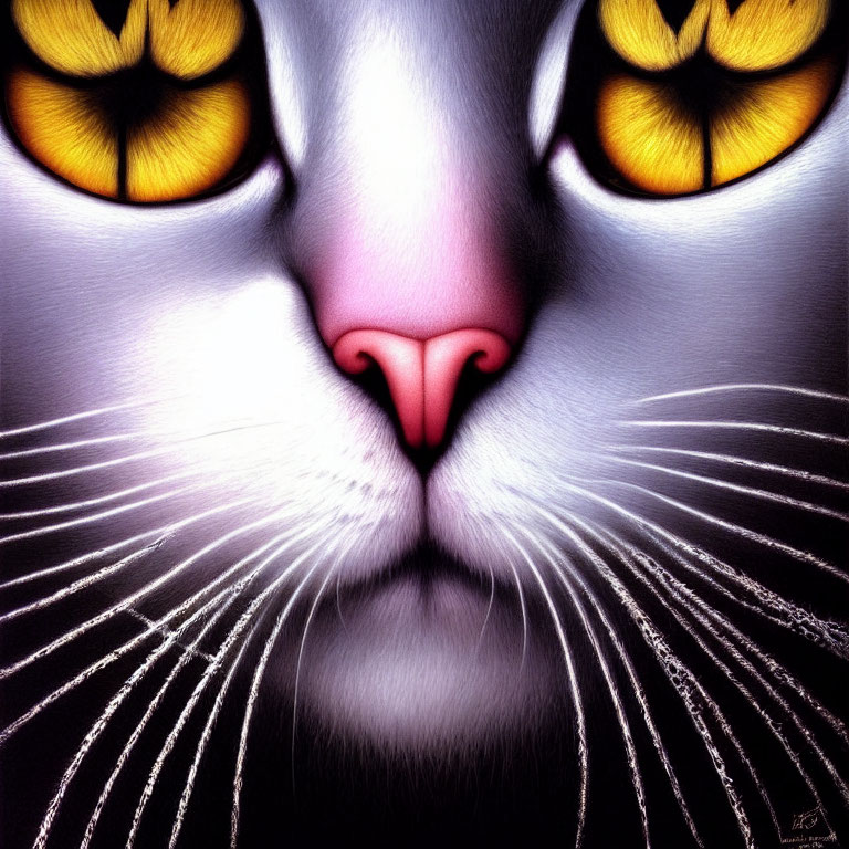 Close-up Cat Digital Artwork with Yellow Eyes & Pink Nose