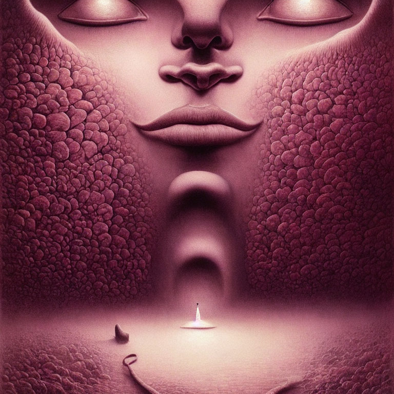 Surreal artwork of pink faces with scalloped textures and melting candle