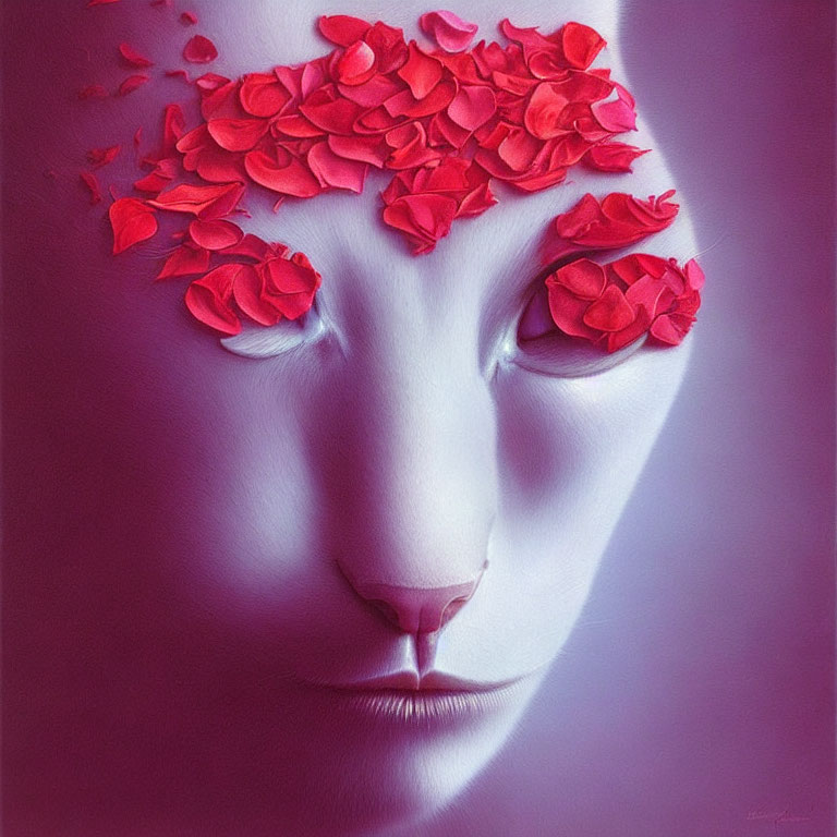 Surreal portrait with red petals covering eyes on purple background