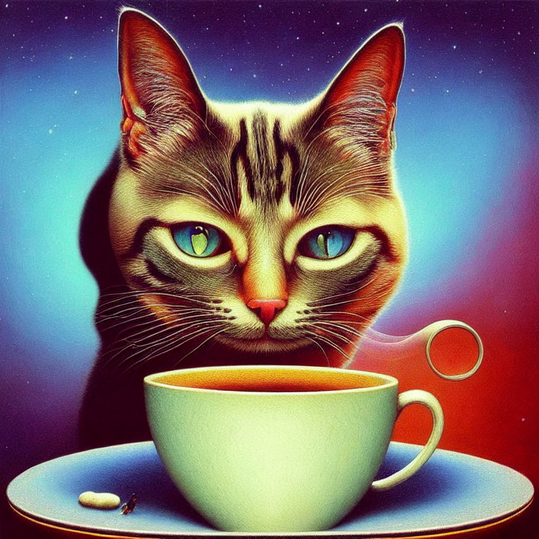 Surreal illustration: Giant cat head with tea cup in cosmic setting