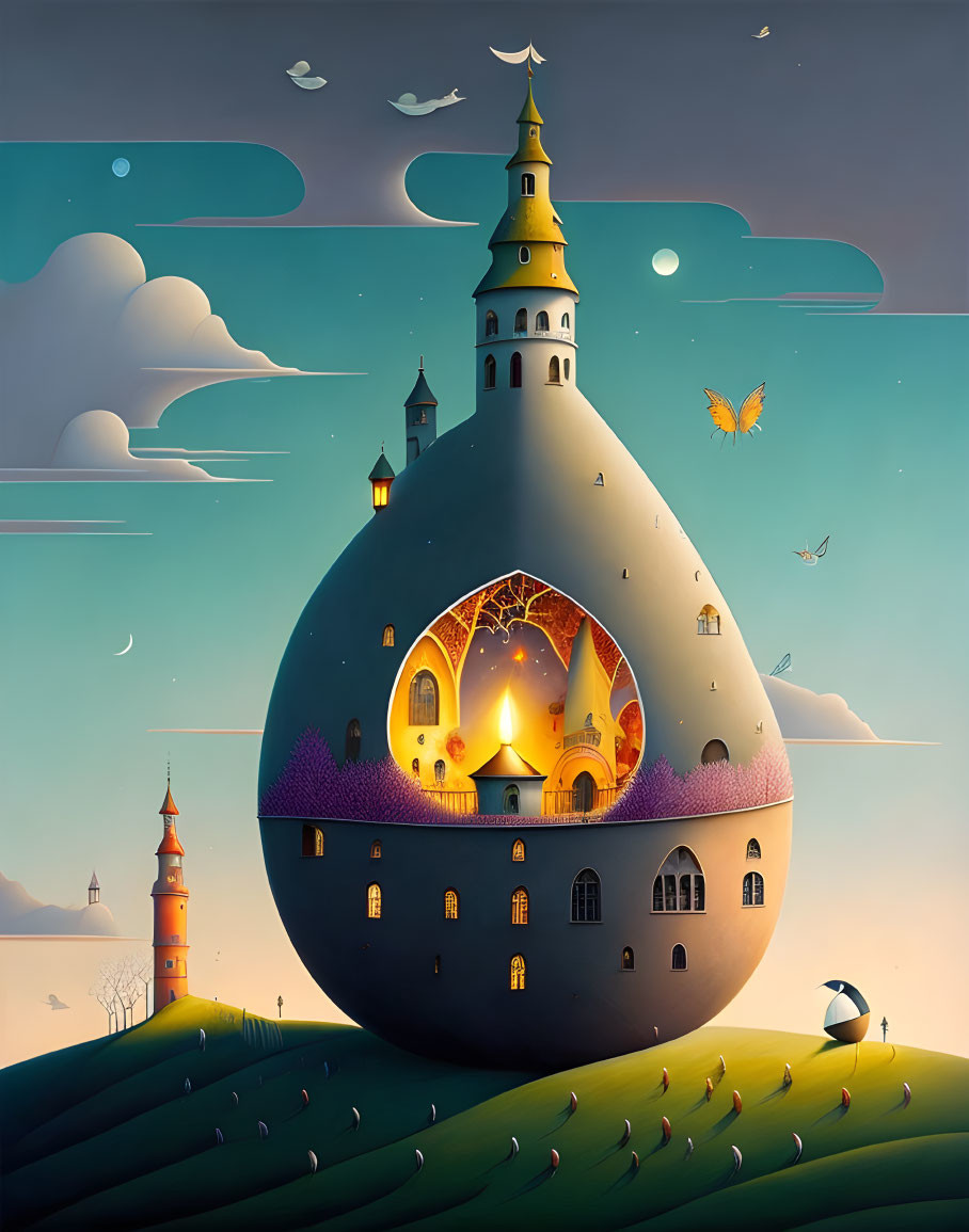 Whimsical illustration of giant egg-shaped castle in scenic landscape