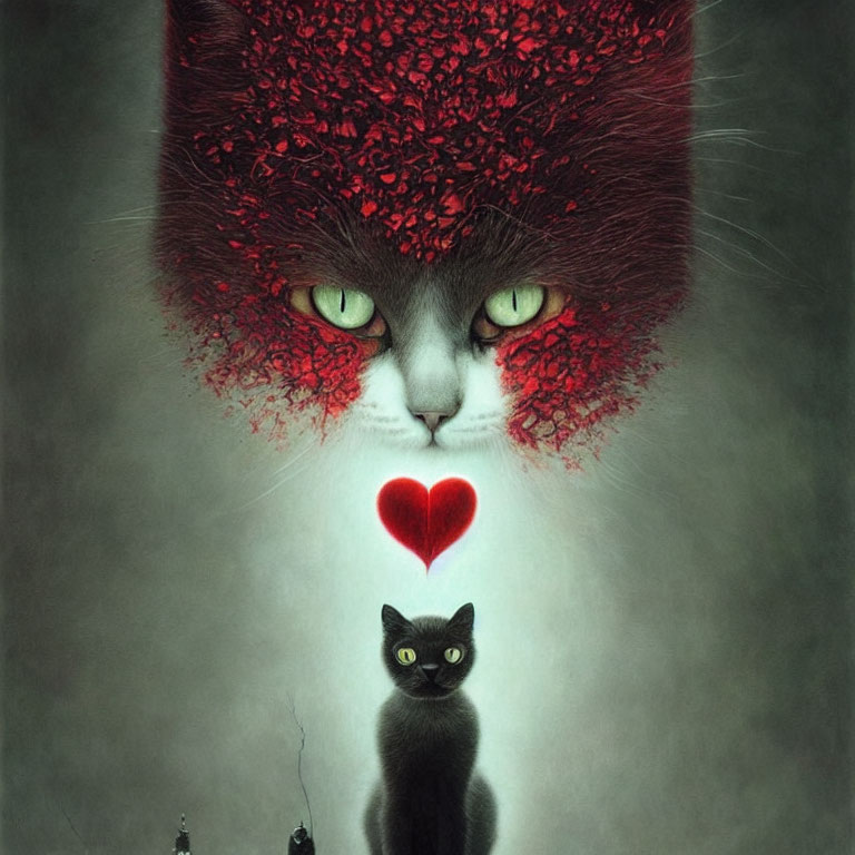 Surreal illustration featuring large and small cats with red crown and heart symbols