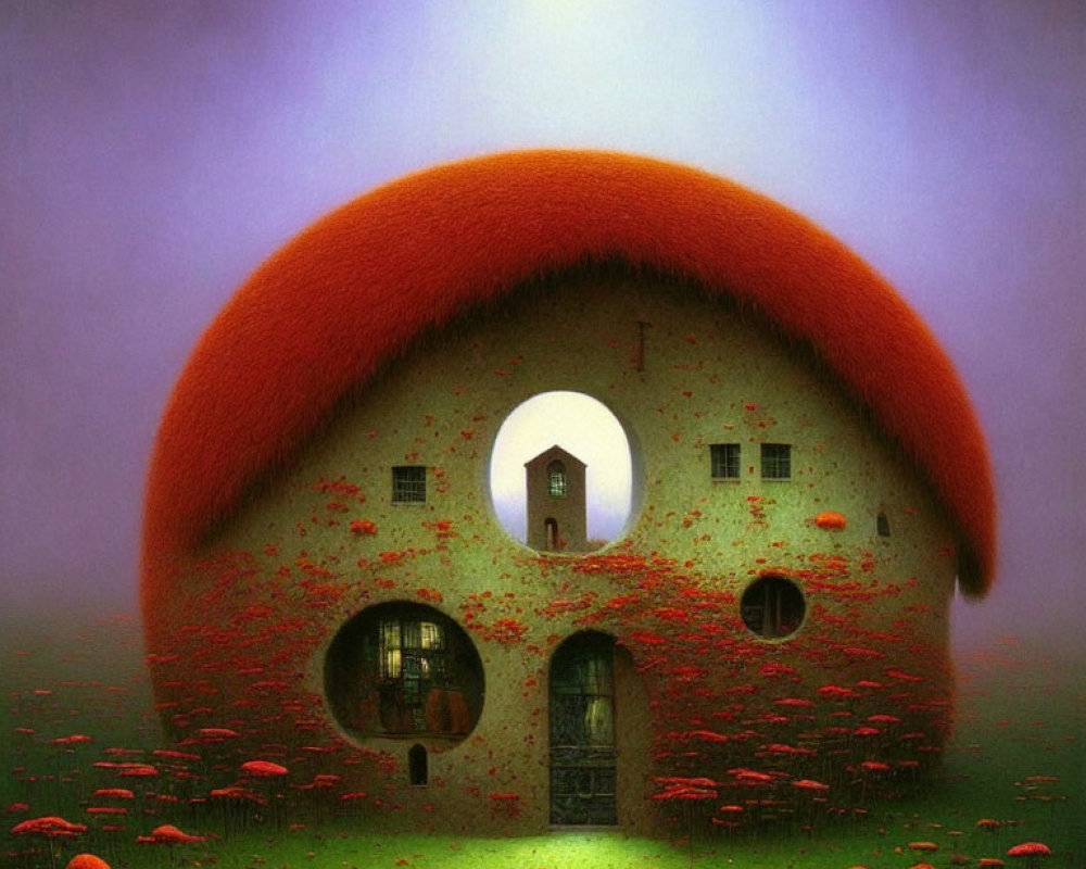 Unique Mushroom-Shaped House in Misty Twilight Landscape