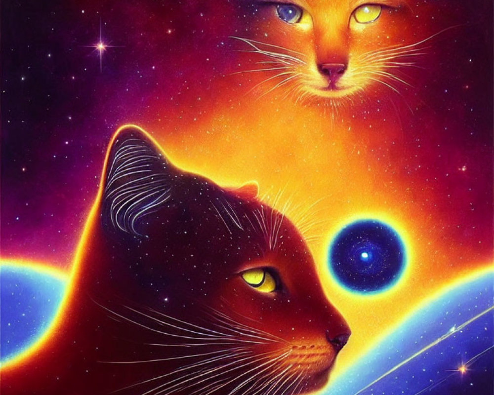 Colorful Cosmic Cats Artwork with Bright Stars and Space Background