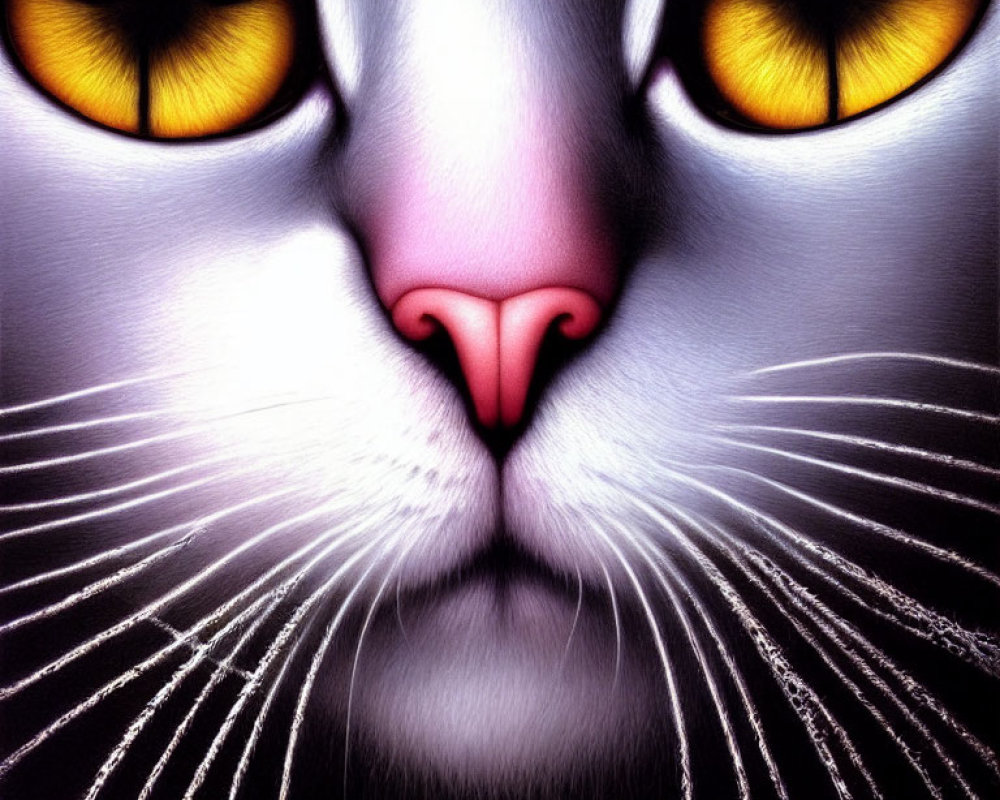 Close-up Cat Digital Artwork with Yellow Eyes & Pink Nose