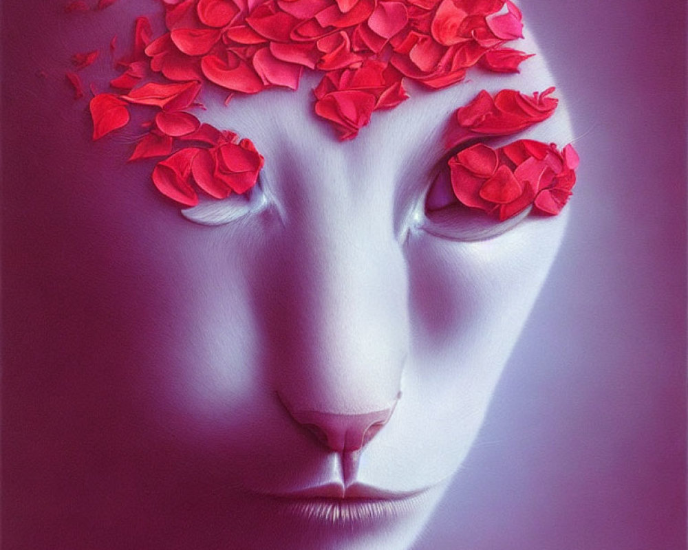 Surreal portrait with red petals covering eyes on purple background