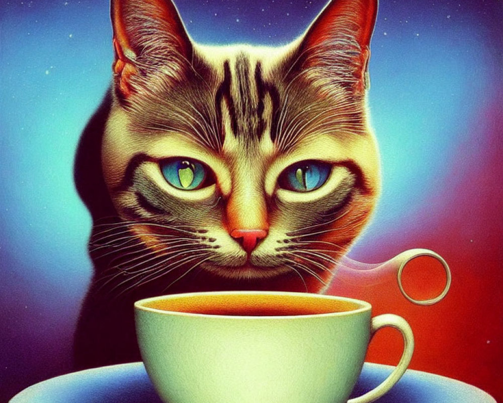 Surreal illustration: Giant cat head with tea cup in cosmic setting