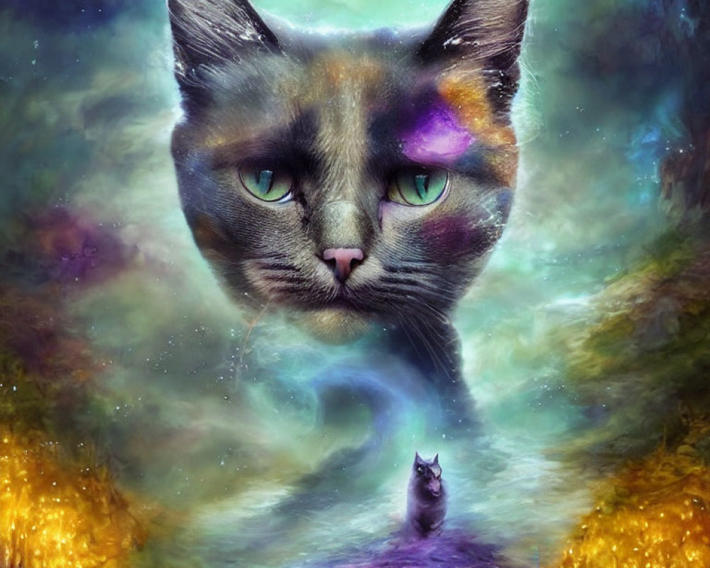 Surreal Artwork: Large Cat Head, Cosmic Elements, Vibrant Colors