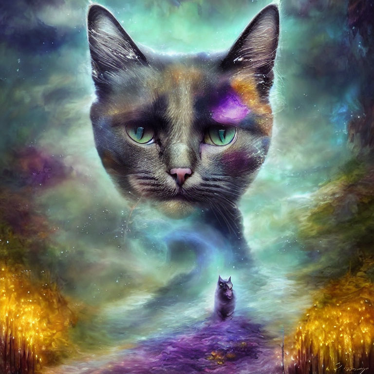 Surreal Artwork: Large Cat Head, Cosmic Elements, Vibrant Colors