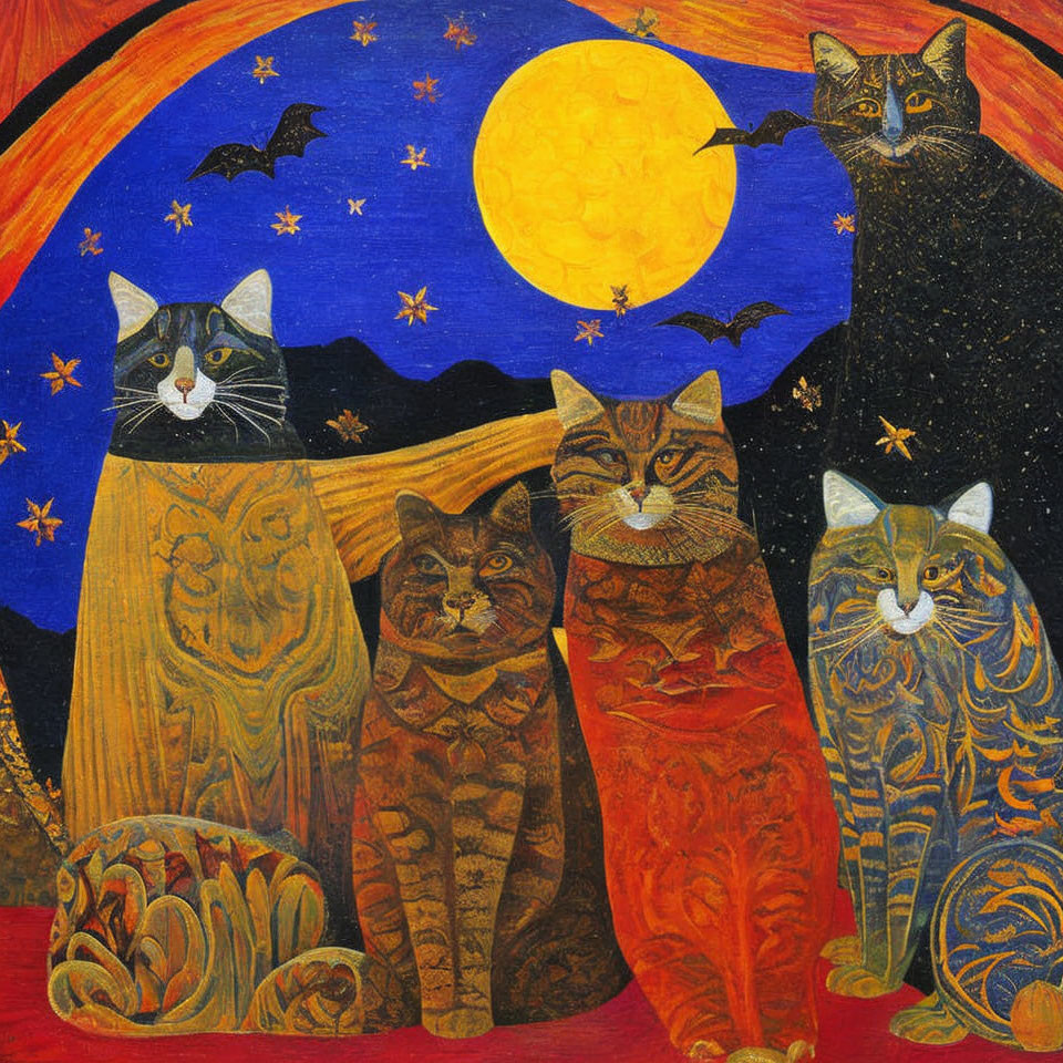 Stylized cat painting with night sky, moon, stars, and bats