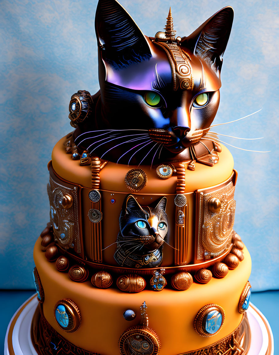 Tiered Steampunk Cat Sculpture Cake on Blue Background