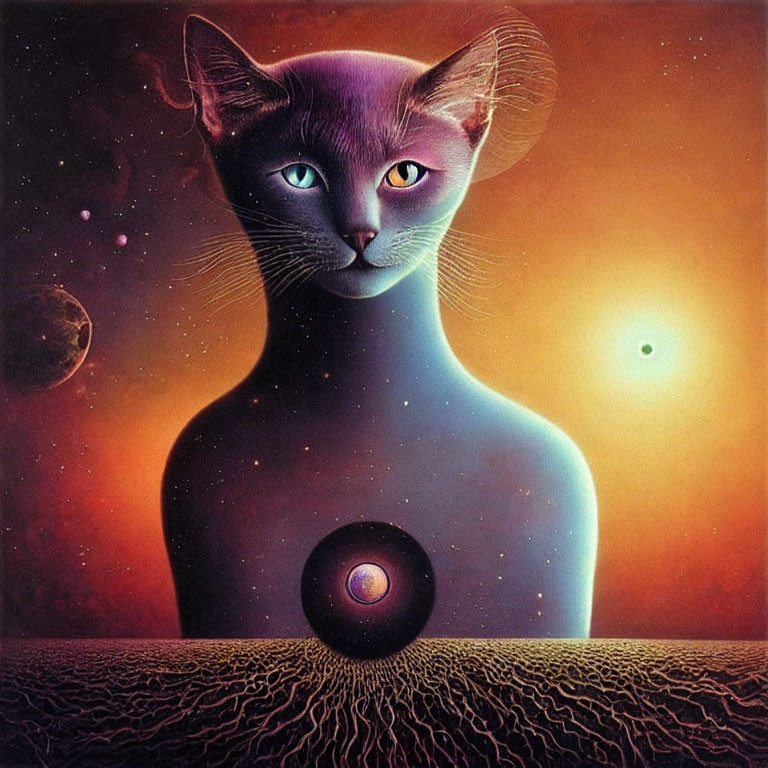 Surrealist cat with human-like body in cosmic scene