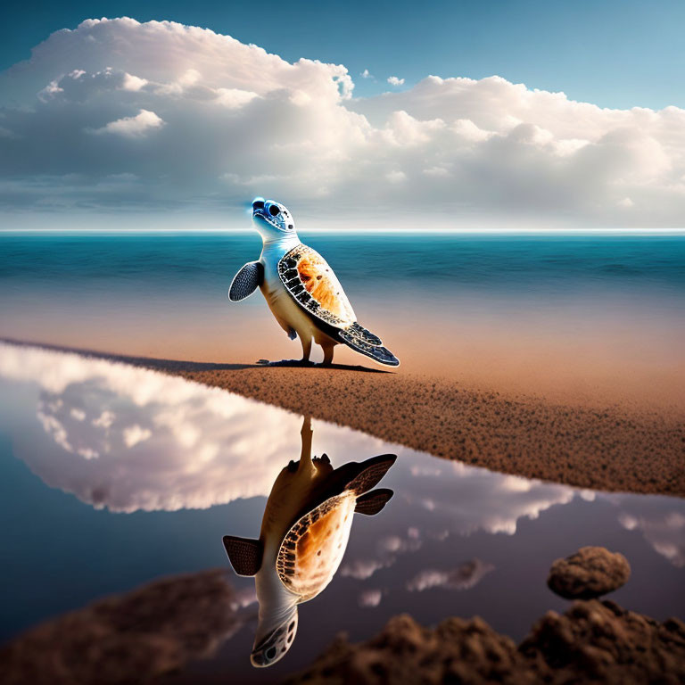 Surreal turtle with guitar shell on beach by reflective water