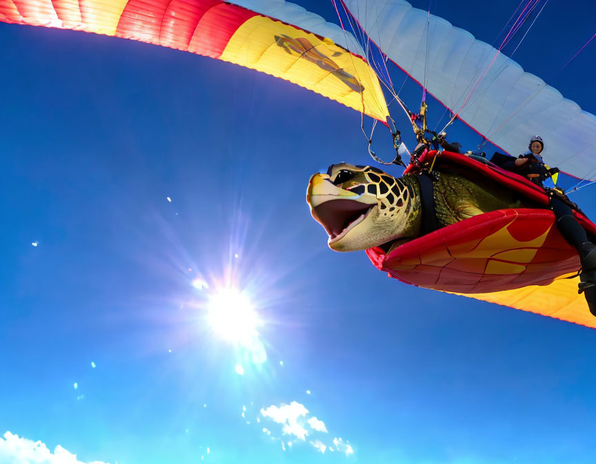 Colorful Turtle Design Parachute Paragliding in Bright Blue Sky