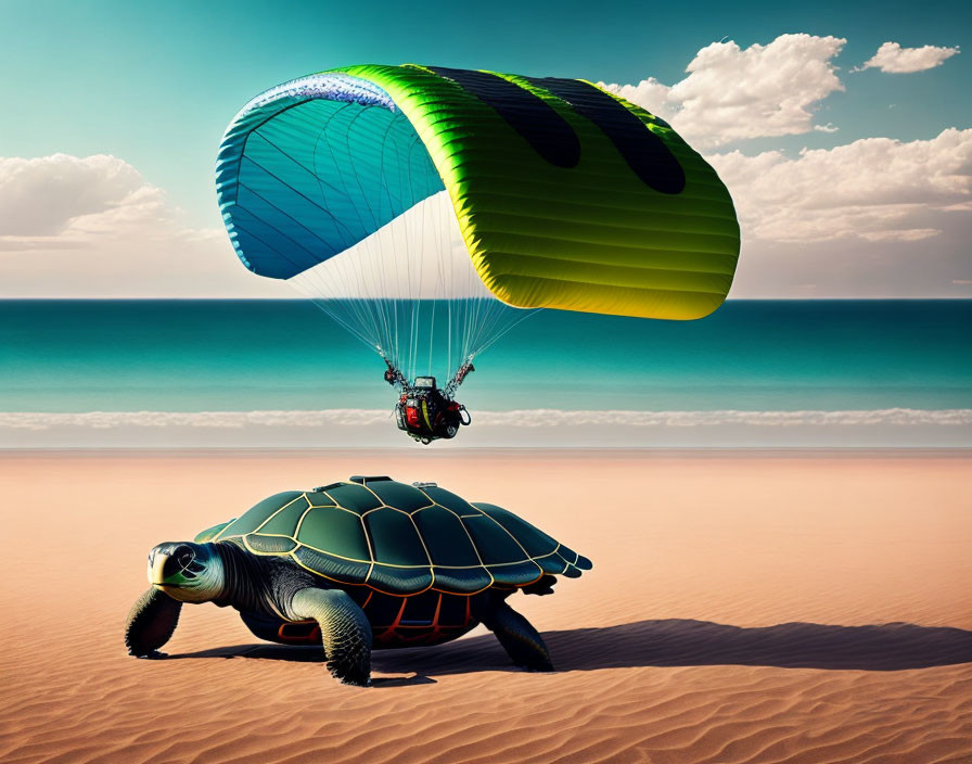 Paraglider with Turtle Shell Parachute Landing on Sandy Beach