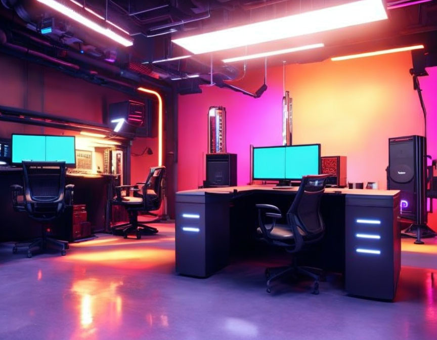 Neon-lit modern gaming room with high-end computers, ergonomic chairs, and large monitors