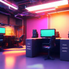 Neon-lit modern gaming room with high-end computers, ergonomic chairs, and large monitors