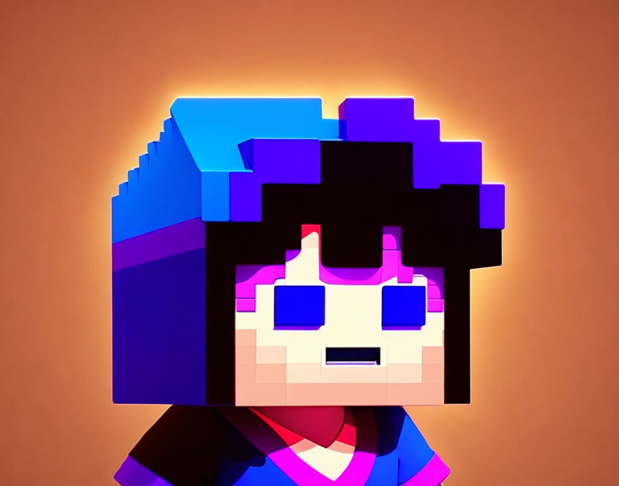 Pixelated 3D-style character with blue hair on orange backdrop