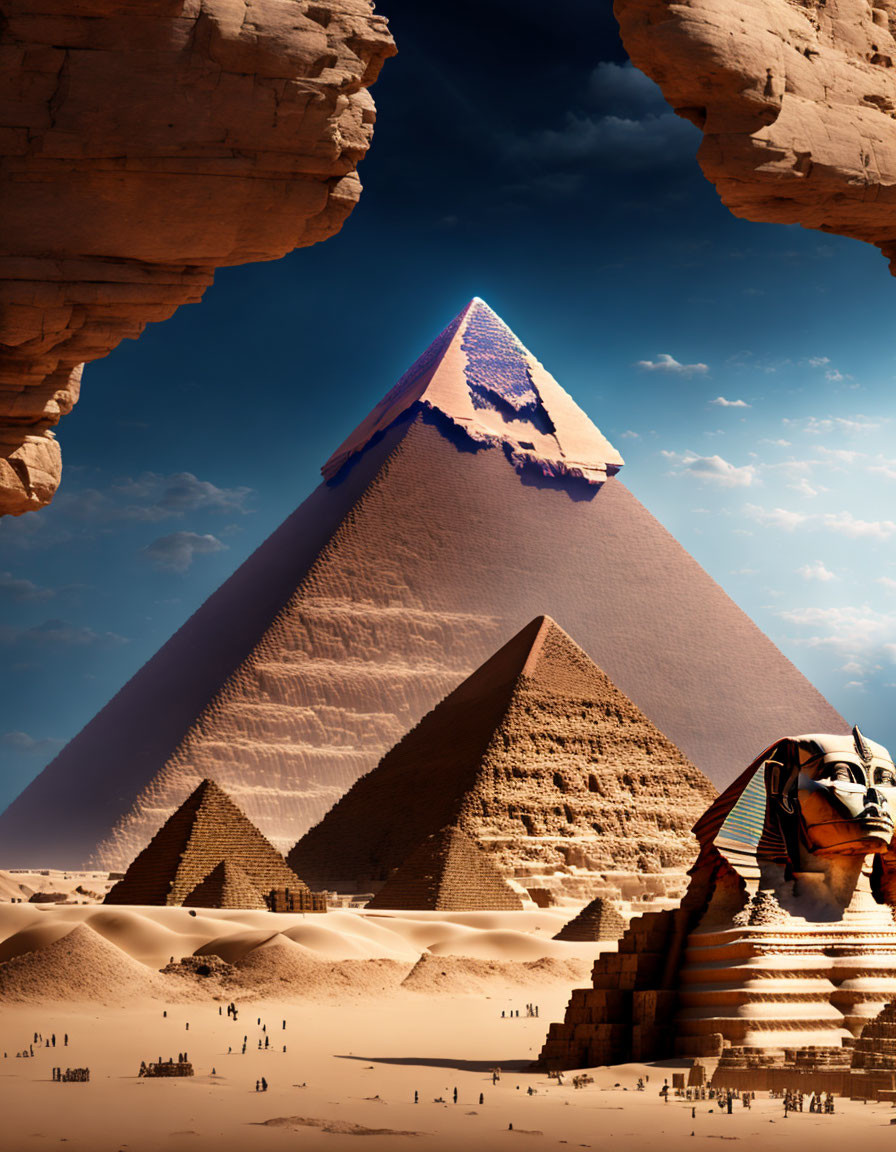 Ancient Egyptian Pyramids and Sphinx in Desert Landscape