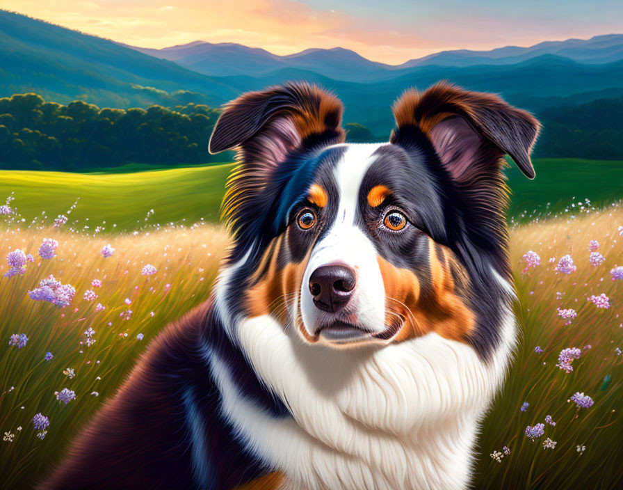 Colorful Australian Shepherd Dog in Vibrant Field with Purple Flowers at Sunset