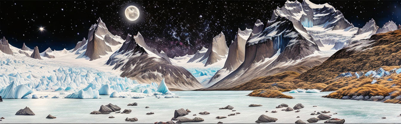 Panoramic glacial night landscape with mountains, icy river, starry sky, full moon