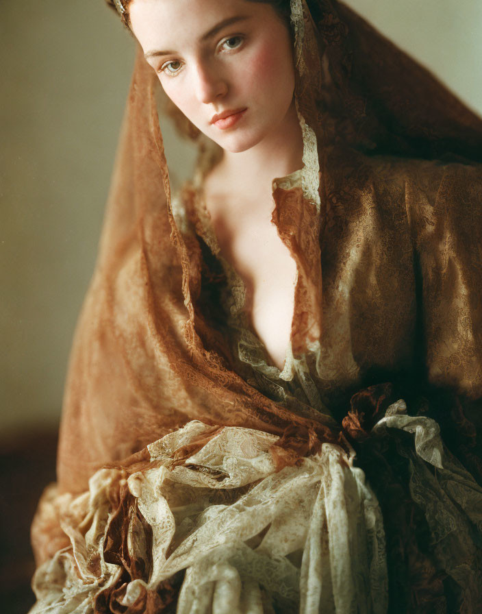 Elegant woman in golden brown shawl exudes timeless beauty