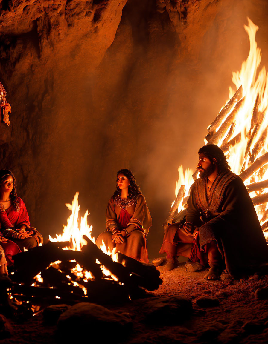 Three people in ancient attire by cave fire with tall blaze