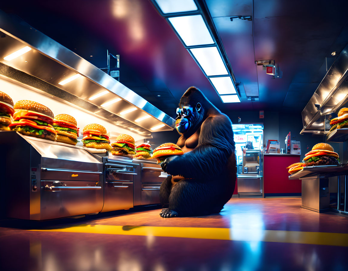 Pensive gorilla in vibrant fast-food kitchen with oversized burgers