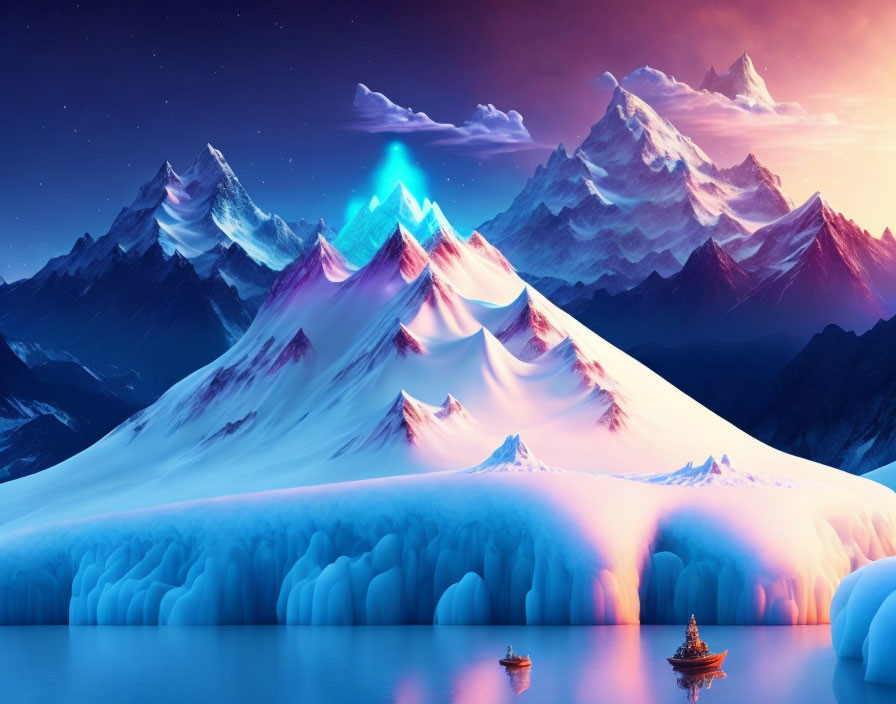 Vibrant surreal neon landscape with mountain range, illuminated peak, water, and boats