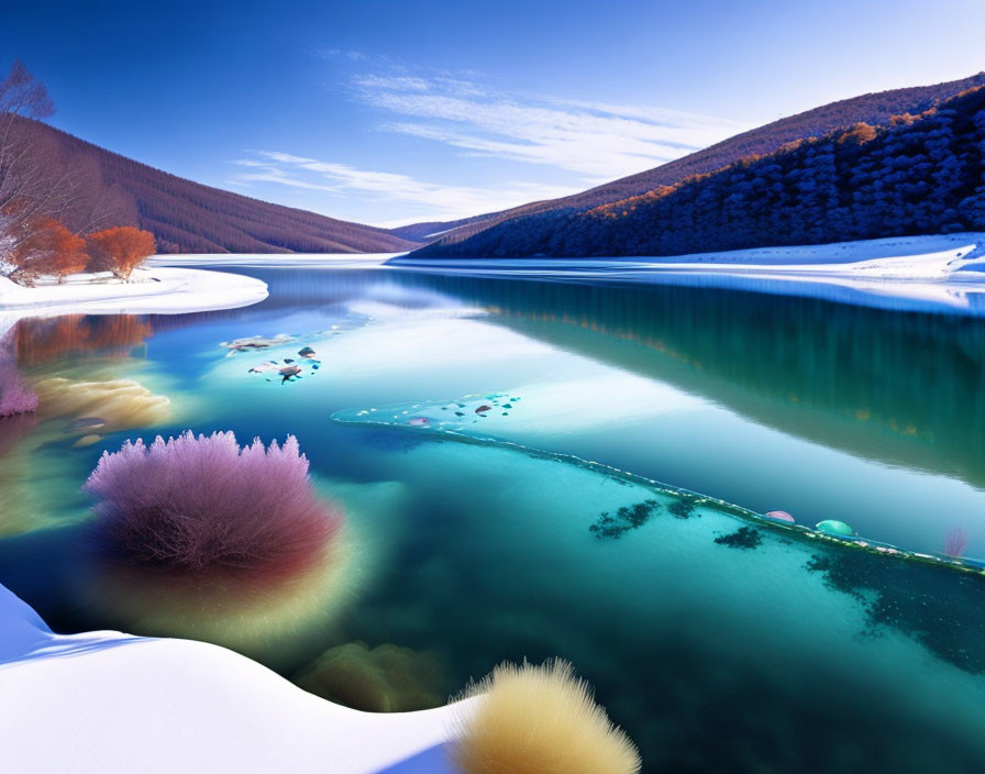 Snowy Lake Landscape: Frozen lake, turquoise waters, snow-covered shores, forested hills