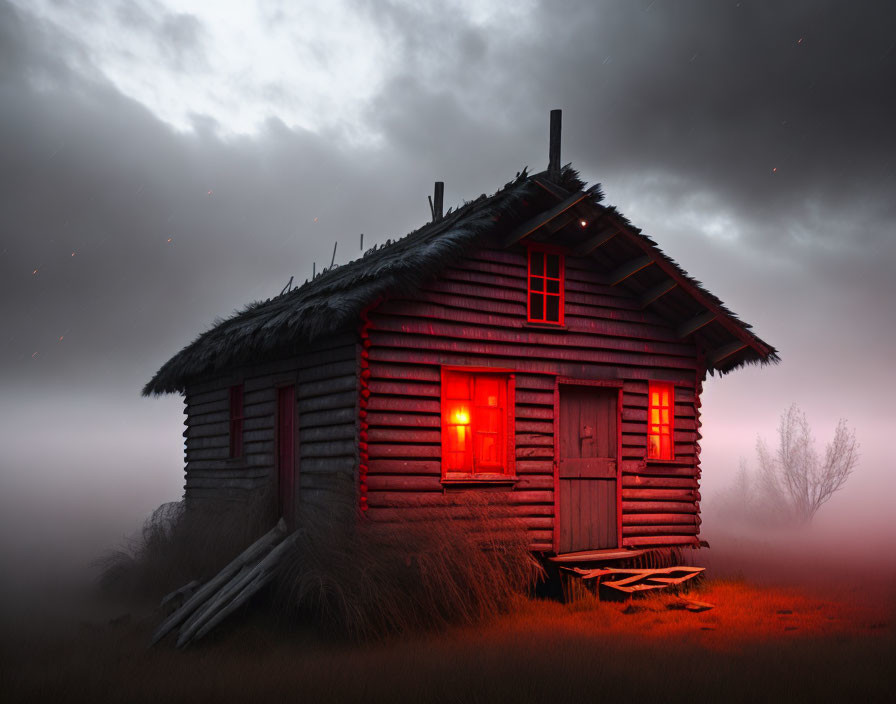 Eerie wooden cabin with red glowing windows in foggy landscape