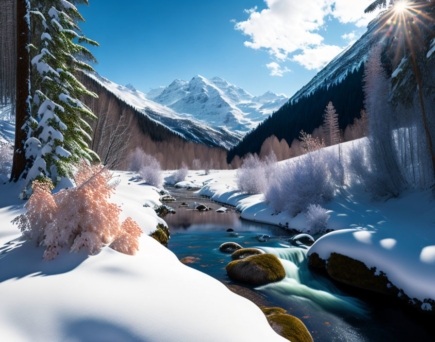 Snowy riverbanks, evergreen trees, blue stream, snowy mountain in serene winter landscape