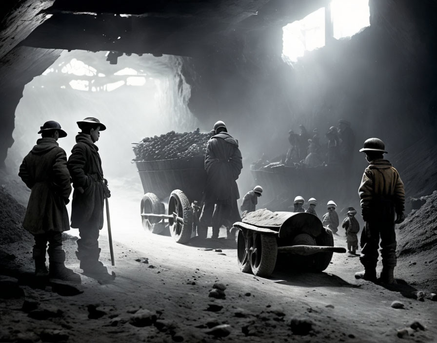 Miners in dimly lit tunnel with mining carts and sunlight filtering in