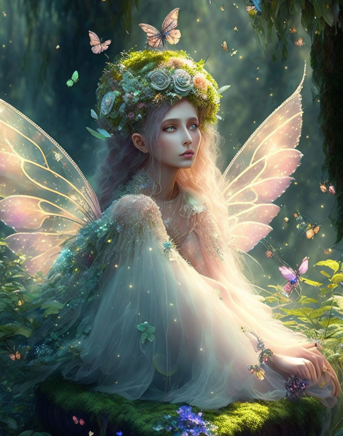 Enchanting fairy with translucent wings in lush forest