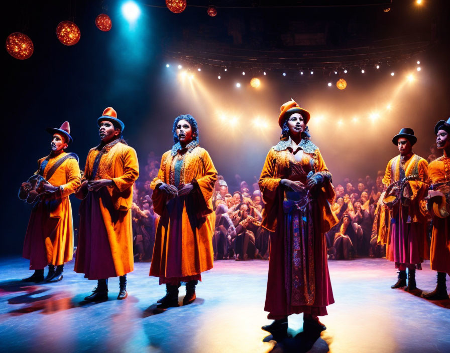 Vibrant orange costume performers under dramatic lighting